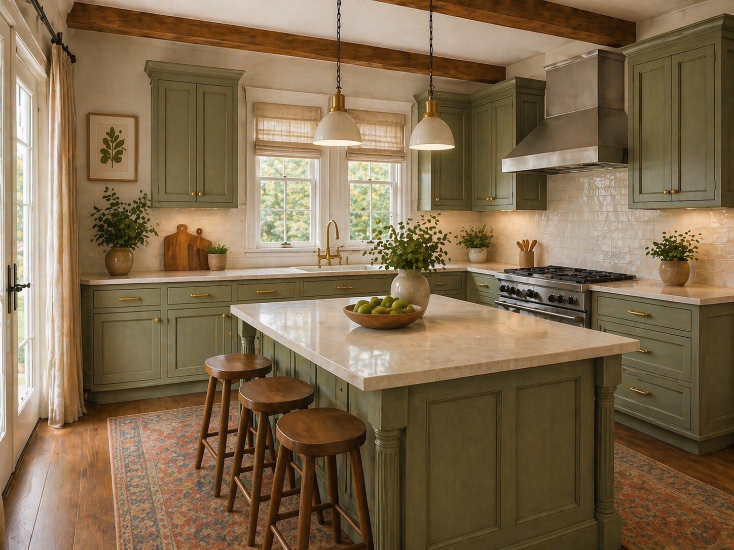 Sage green kitchen with marble island, brass fixtures, and wood bar stools — a confident single-color scheme