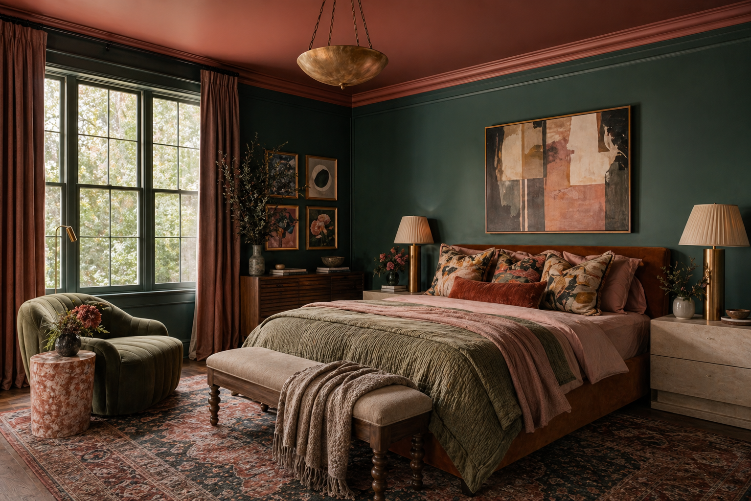 Color-drenched bedroom — deep teal-green walls, warm wood tones and rose-tan accents