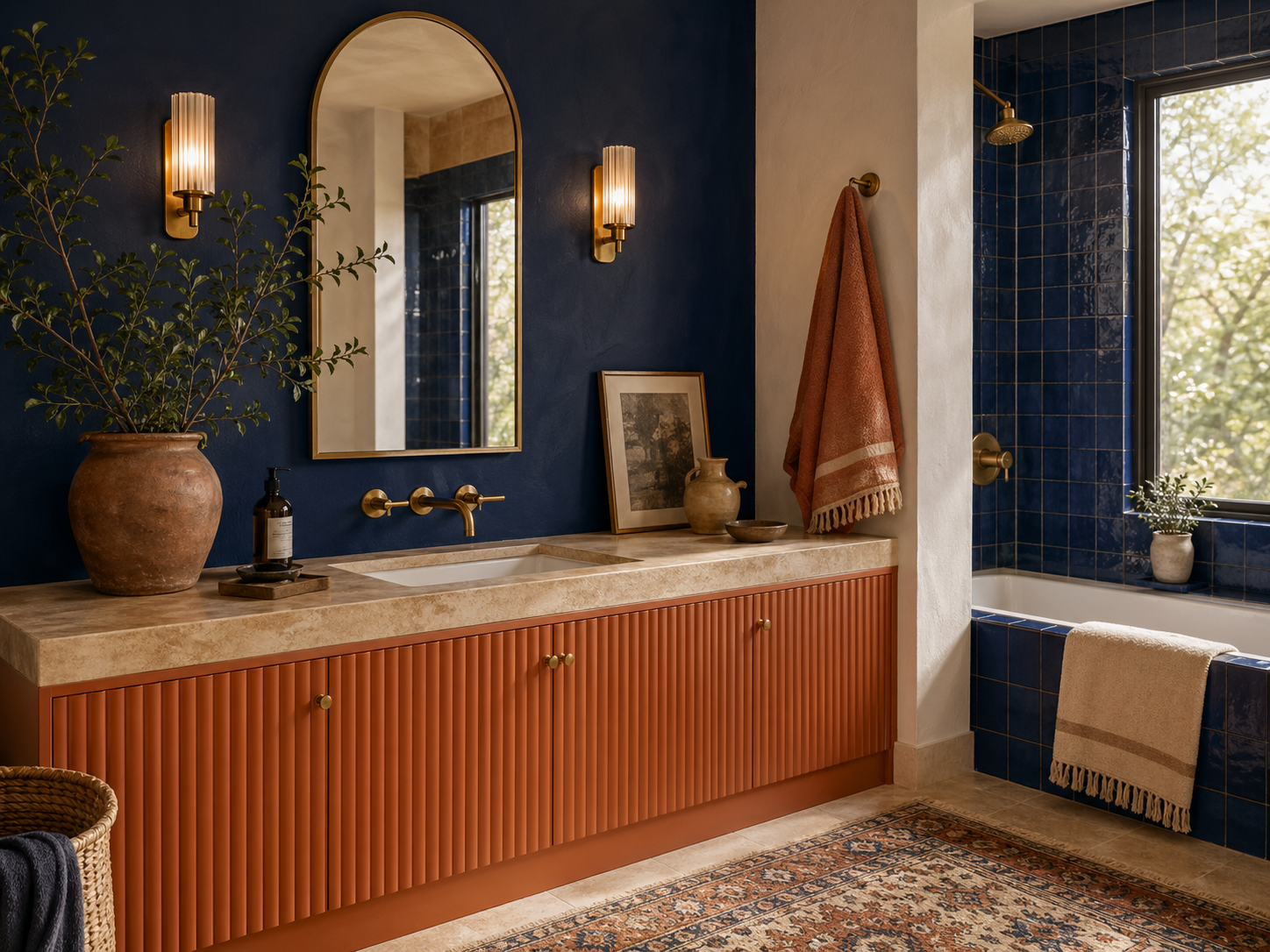 Cobalt bathroom — clay-orange fluted vanity, warm stone surfaces and brass fixtures