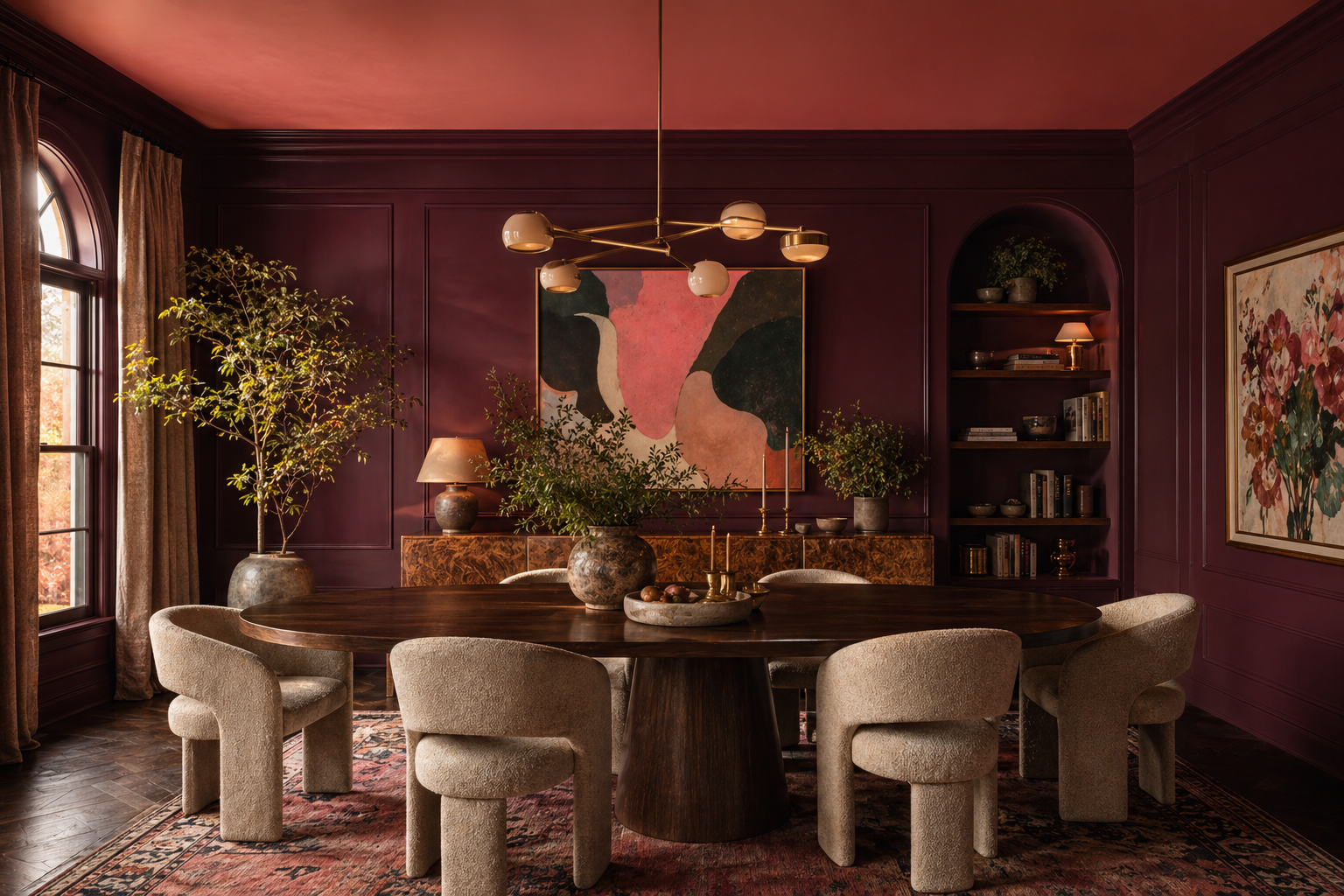 Bold dining room — Marooned walls, coral clay accents and brass detail