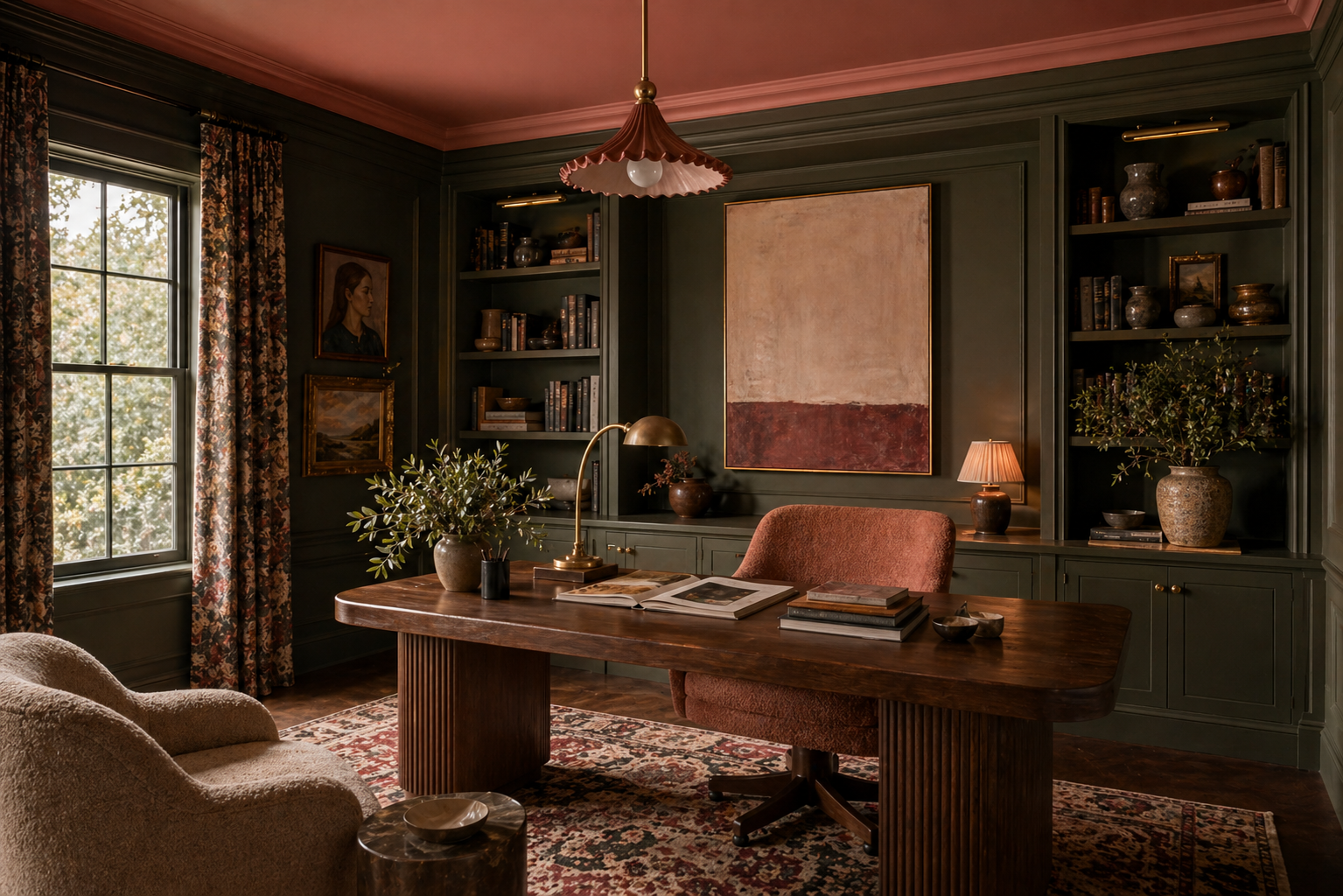Focused home office — sage green walls, natural linen accents