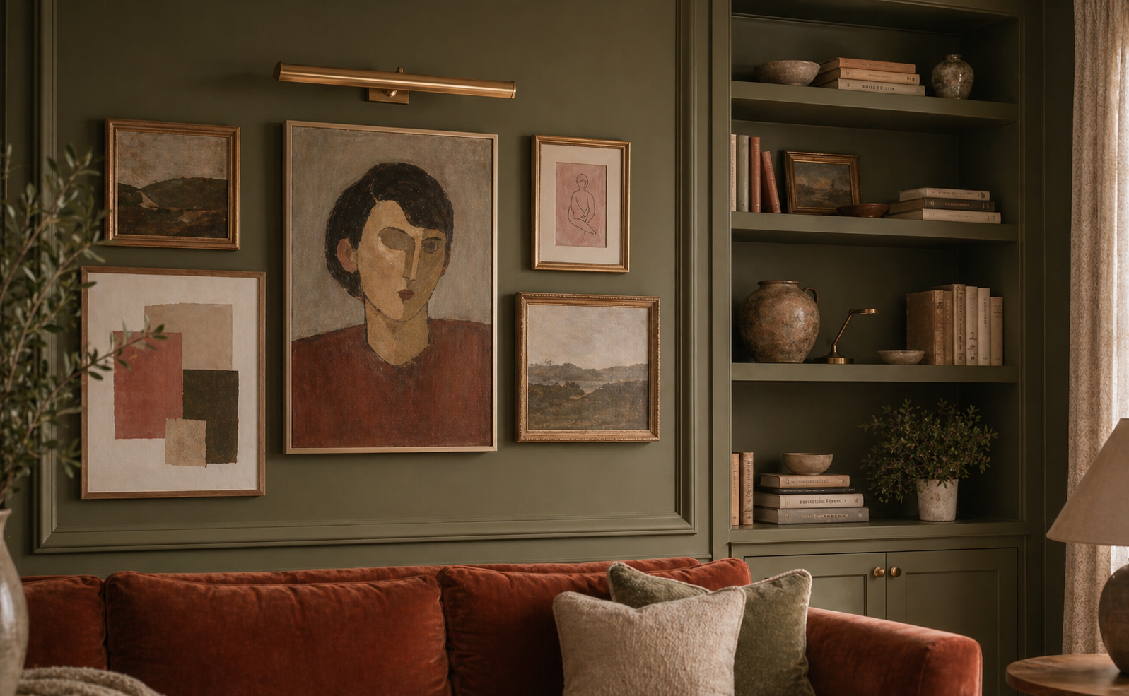 Living room gallery wall and painted built-ins — maximalist layering in olive and rust