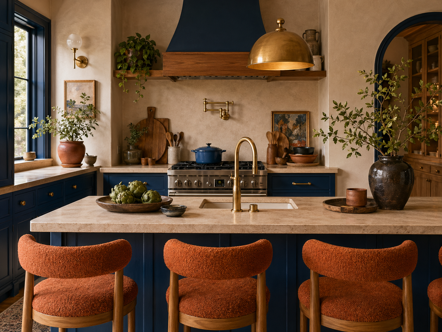 Cobalt kitchen — matte cobalt cabinetry, limestone counters, brass hardware and burnt orange counter stools