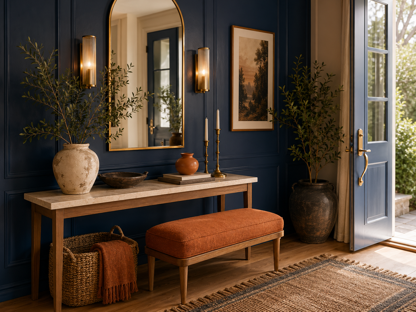 Cobalt entryway — cobalt paneling, warm-wood console, burnt orange seat and brass mirror accents