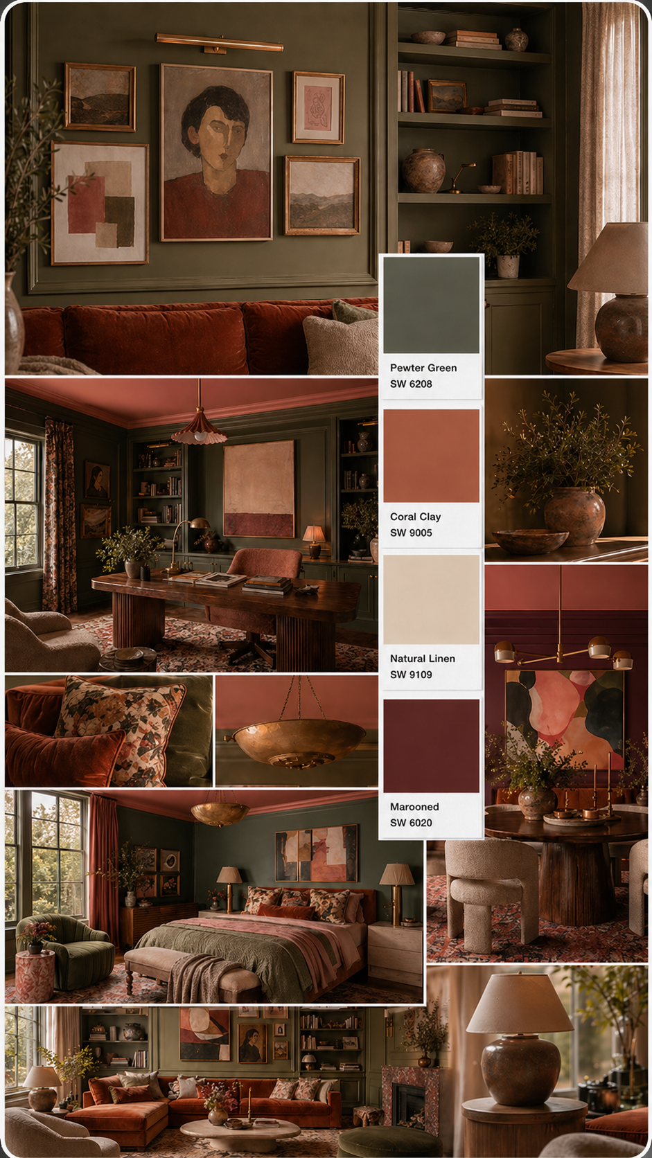 Palette overview — Pewter Green, Coral Clay, Natural Linen, Marooned