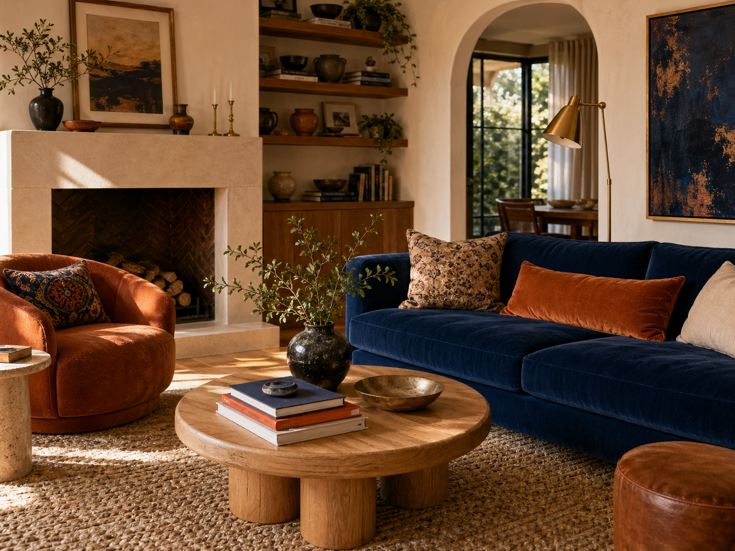 Cobalt living room — cobalt sofa, burnt orange accent chair, rounded oak furniture