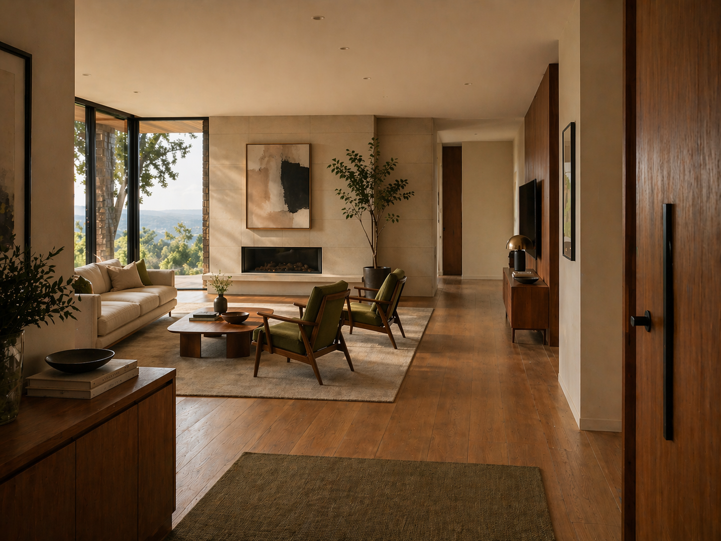 A living room arranged around a fireplace focal point with seating oriented toward it