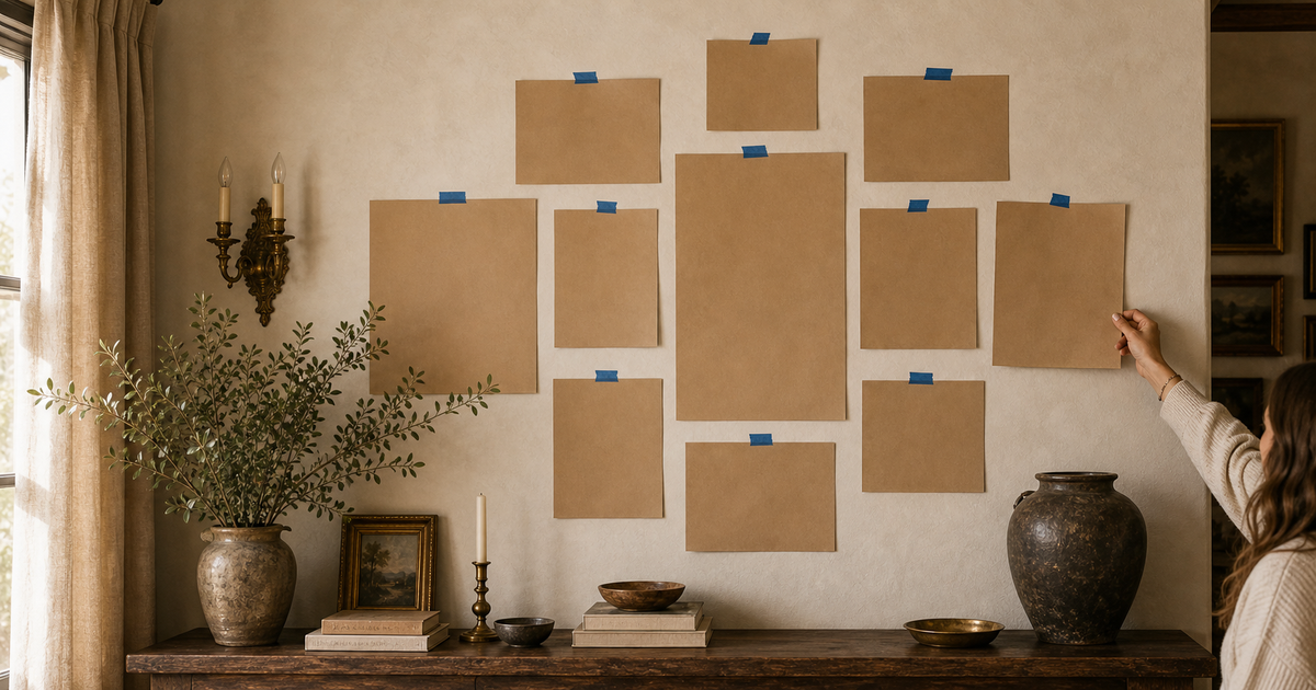 Kraft paper templates taped to a wall showing gallery wall layout before any frames are hung