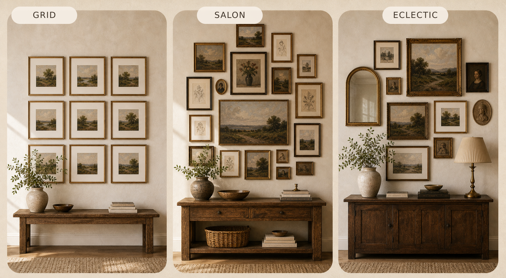 Grid, Salon, and Eclectic gallery wall layout comparison