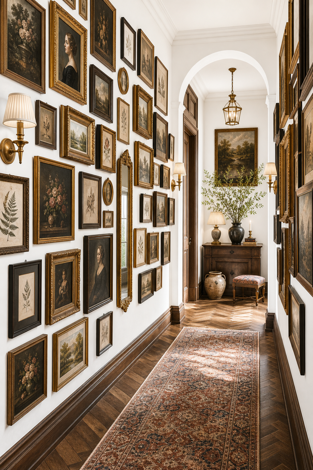Hallway gallery wall — vertical collected arrangement lining a corridor from floor to near-ceiling