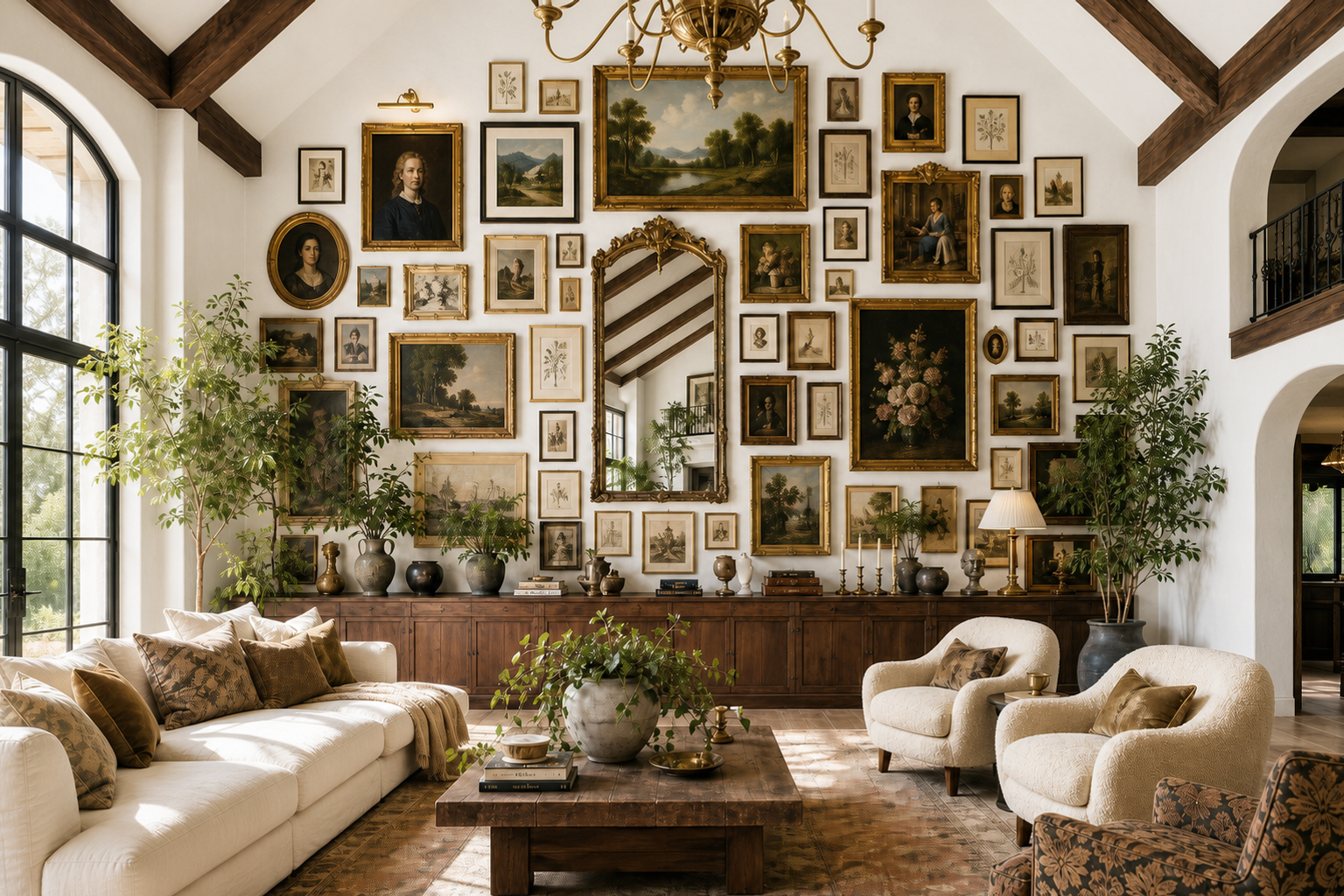 Vaulted-ceiling living room: full-wall salon-density gallery wall in bright natural daylight, ornate gold and black frames, mixed vintage art