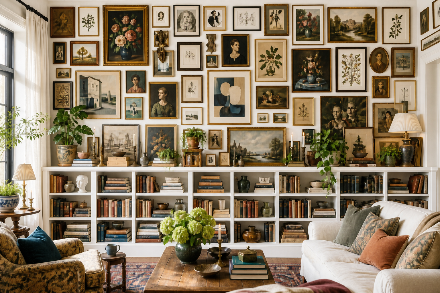 Wall-to-wall bookshelf with leaning paintings, ceramics, and plants; dense eclectic gallery wall covering the entire wall above to the ceiling