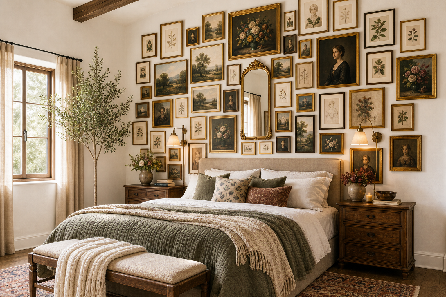 Bedroom headboard wall: full gallery wall in bright airy room with warm textiles and layered vintage frames
