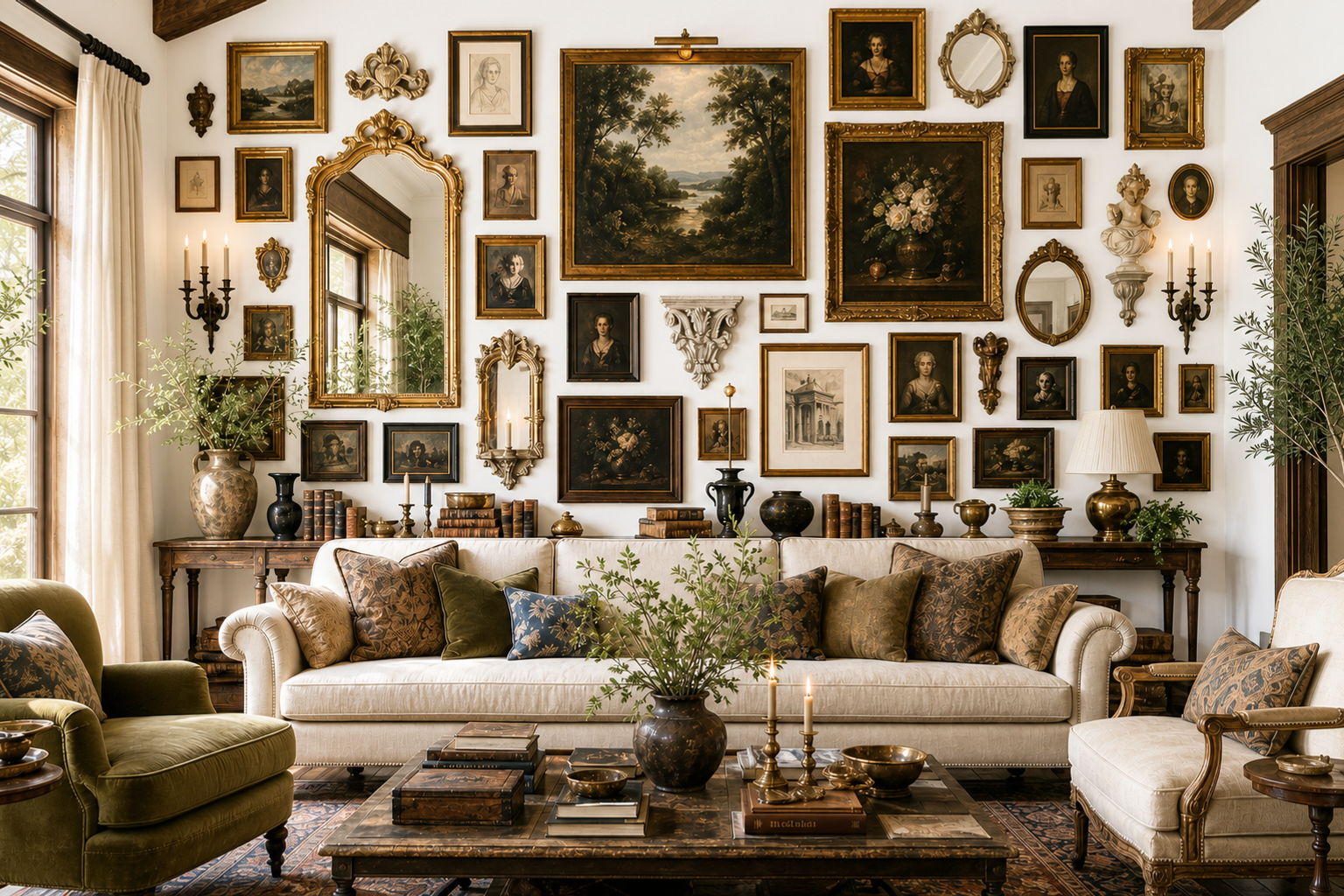 Vintage maximalist feature wall in bright daylight: ornate gold frames, slim black frames, mirrors, candle sconces, and corbels covering the entire wall