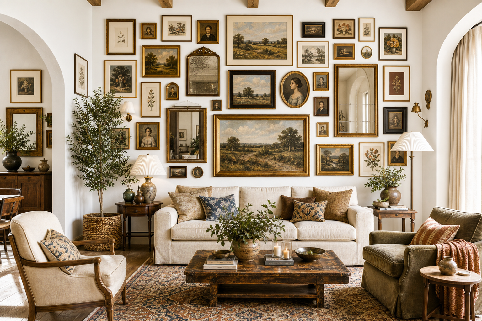 Full gallery wall behind a cream sofa in bright natural light — eclectic vintage maximalist mix anchored to the furniture line