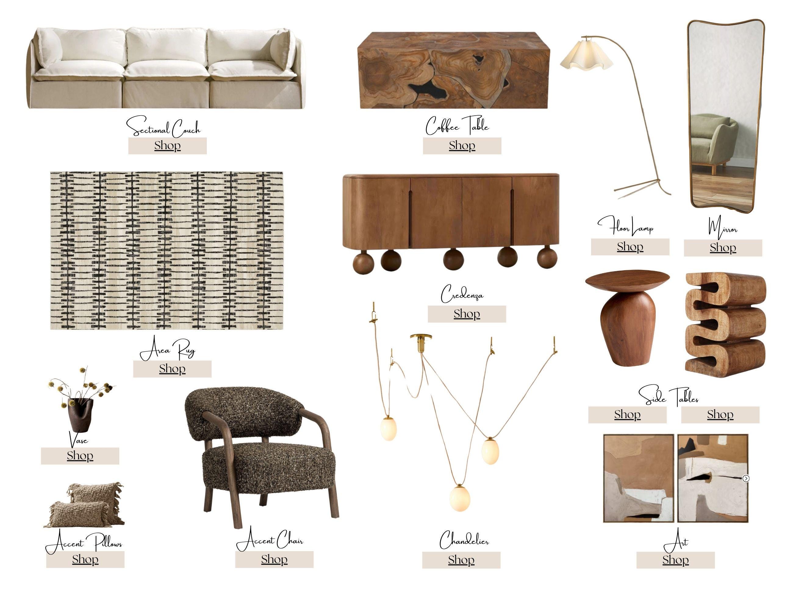 Organic modern living room shopping board with labeled furniture: sectional sofa, live-edge coffee table, boucle accent chair, woven rug, and chandelier