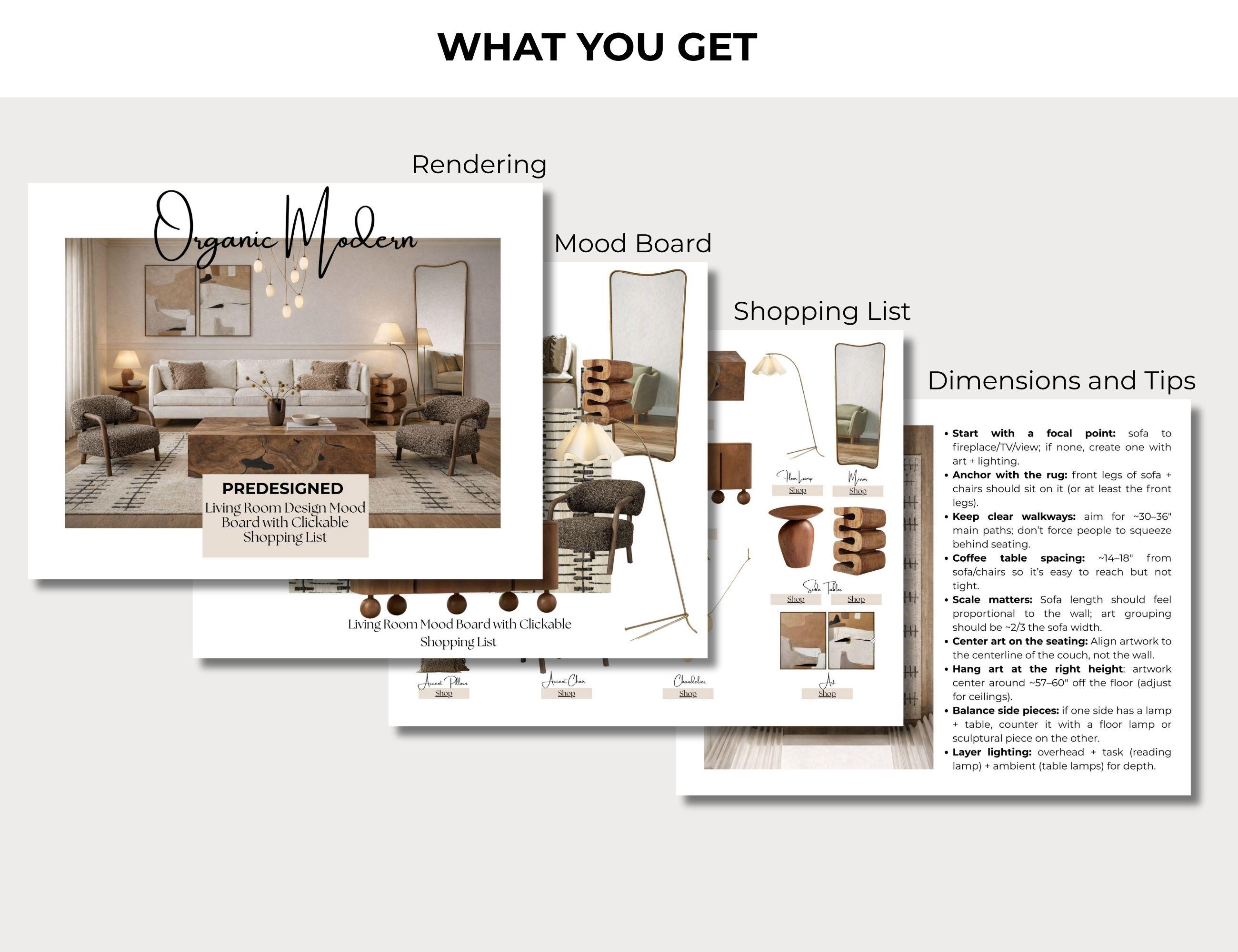 Interior design plan package showing rendering, mood board, shopping list, and layout dimensions for an organic modern living room