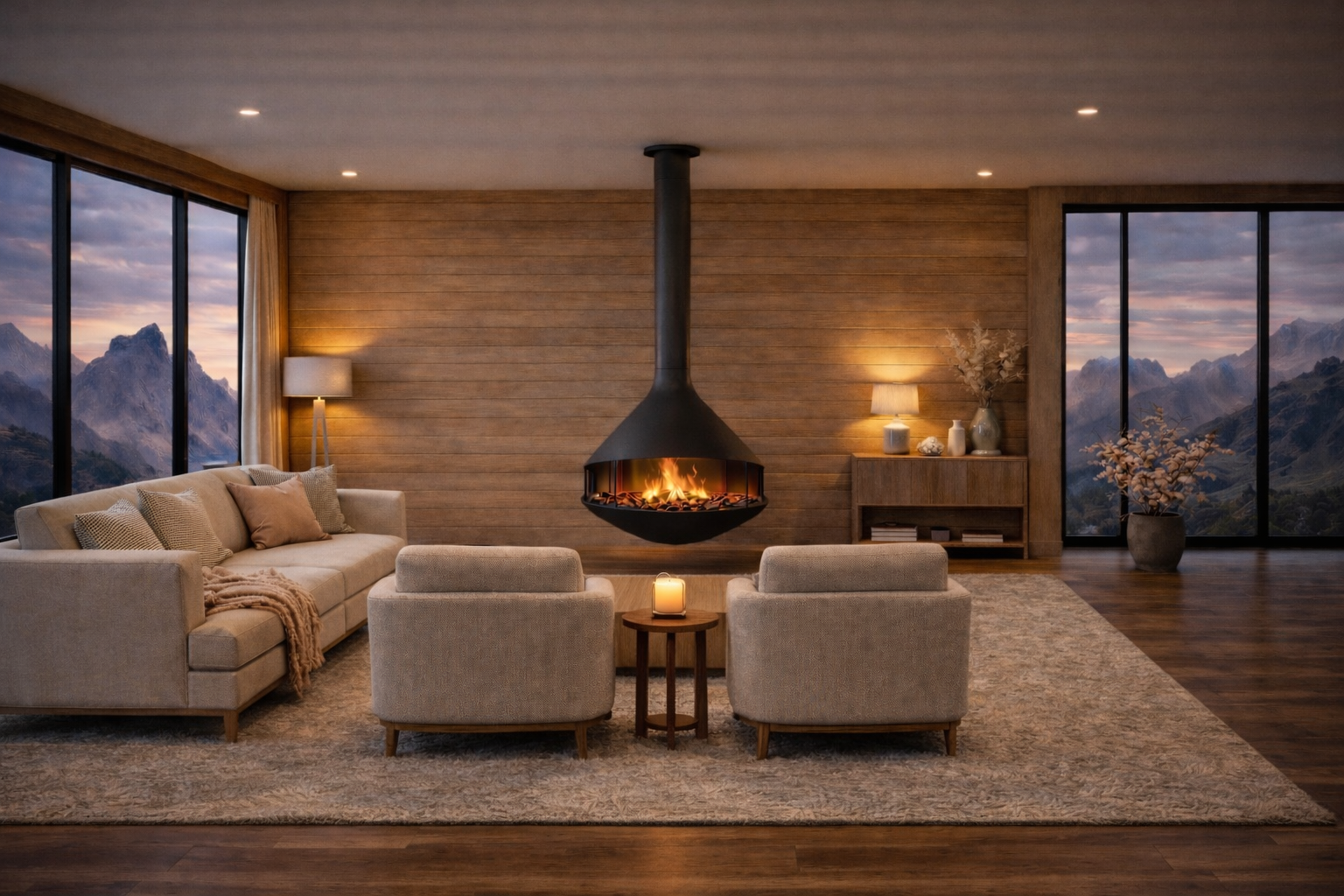 Seating group with sofa and two accent chairs pulled into a close conversation circle