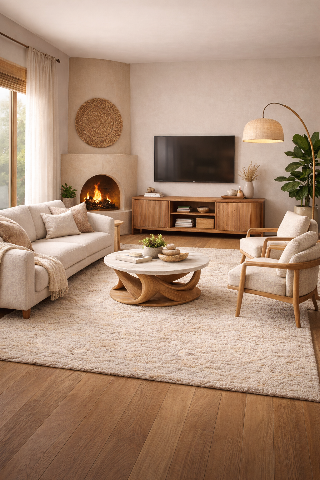 Living room with a large area rug anchoring the seating arrangement, front legs of sofa and chairs resting on it