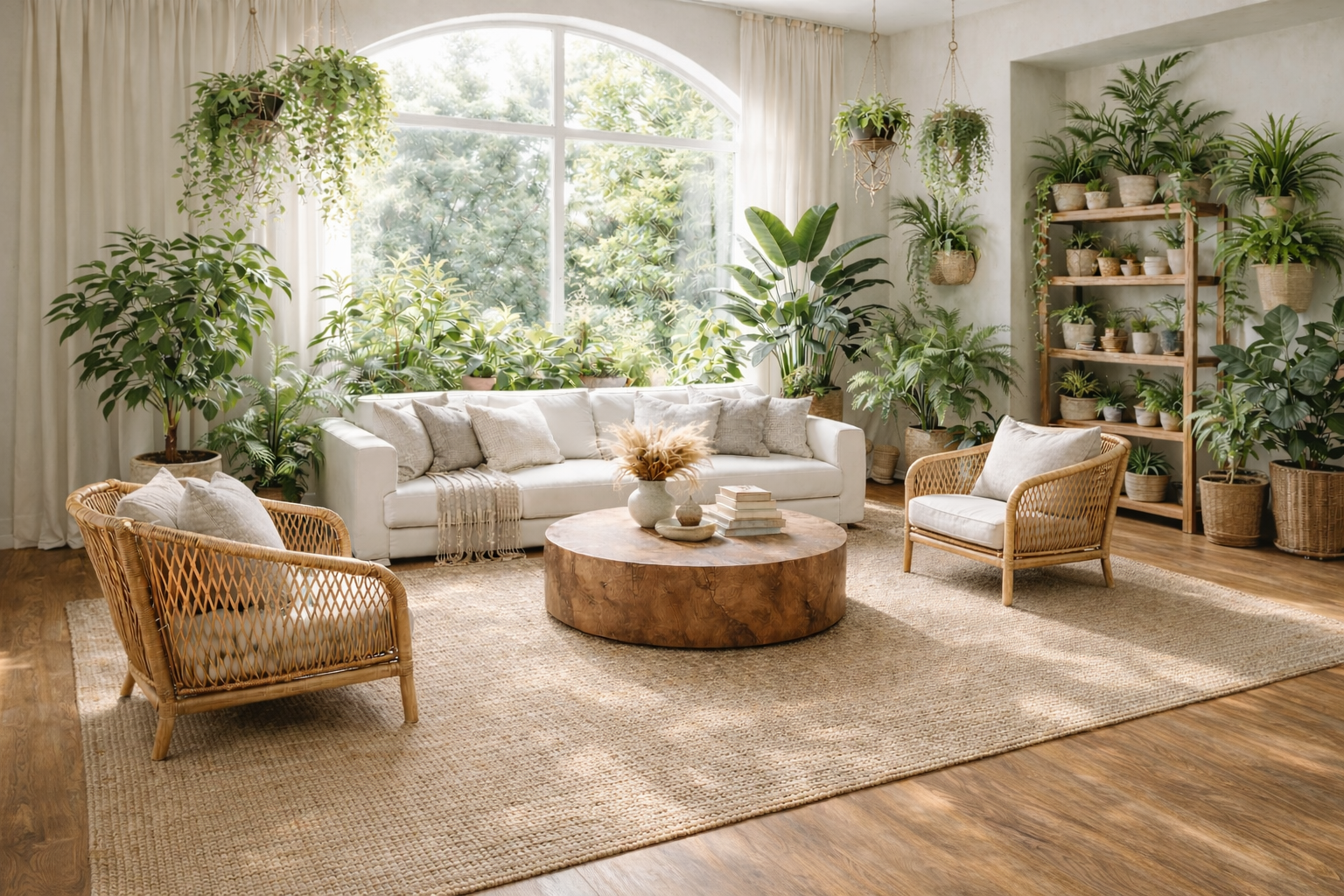 Living room with a movable pouf and nesting side tables as flexible accent pieces