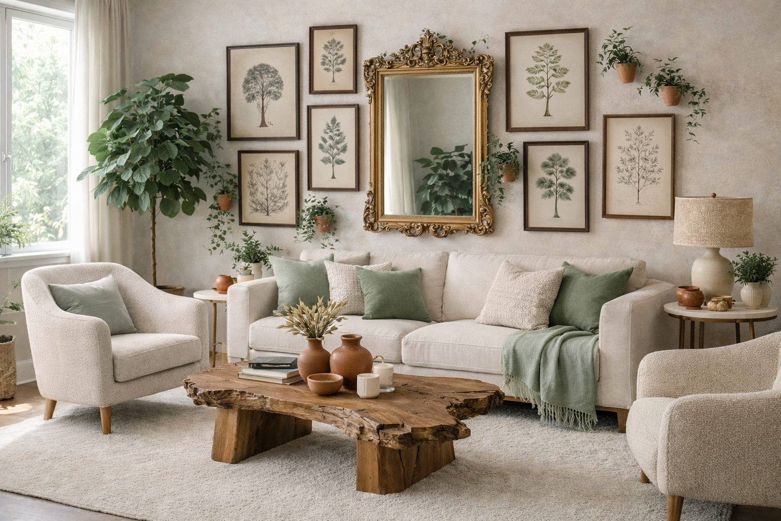 Living room in soft sage green and warm cream tones with natural linen textures and terracotta accents