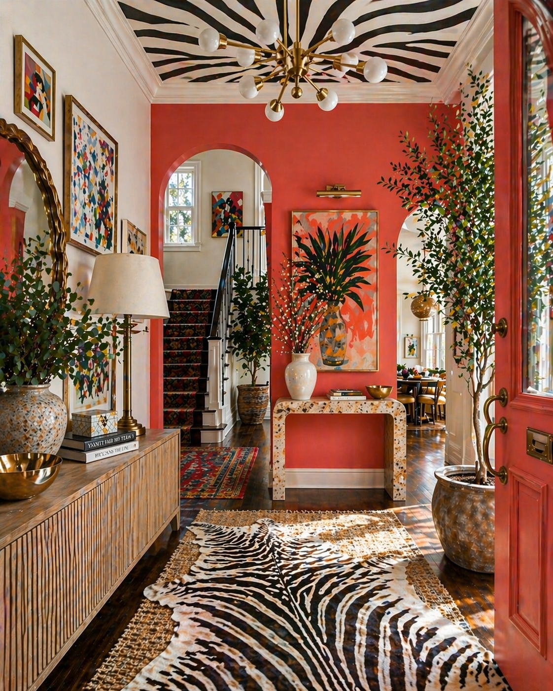 Bold entryway with a coral accent wall, warm white surroundings, and golden yellow accessories