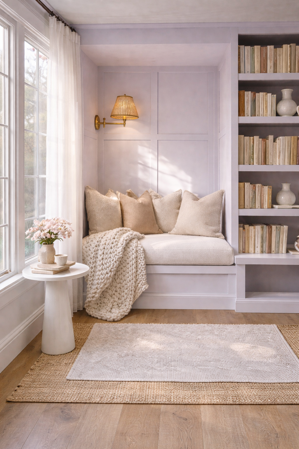 Airy bathroom in soft lavender and cloud white with minimal furniture and dusty rose accents