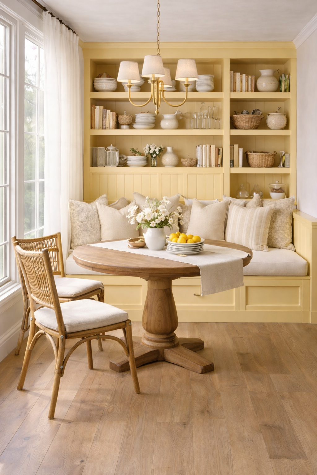 Bright kitchen with buttercup yellow bar stools, crisp linen walls, and warm walnut wood tones
