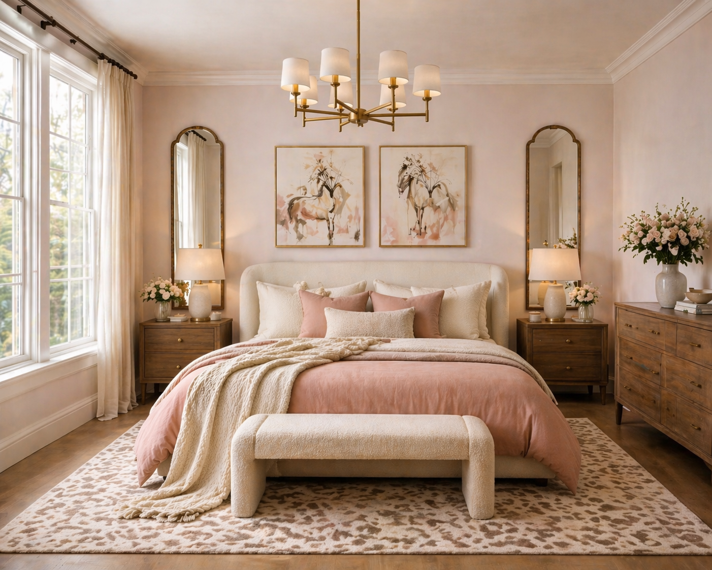 Elegant bedroom in dusty blush and warm ivory with antique gold accents and a charcoal velvet accent piece