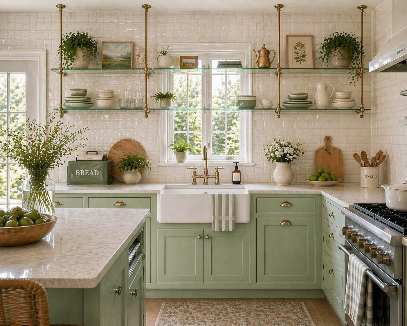 Retro-modern kitchen with mint green cabinets, natural white countertops, and pale brass fixtures