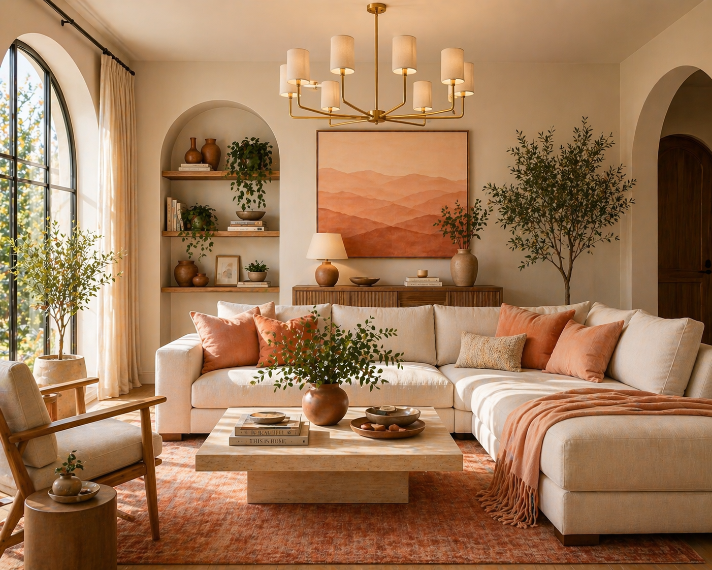 Bohemian living room layered in soft peach, apricot, and deep terracotta with rattan and woven textiles