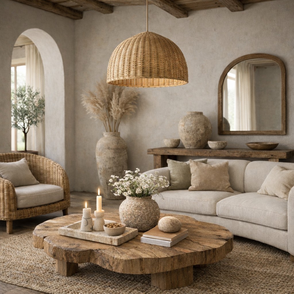 Bright living room in earthy pastel tones — sage green cushions, terracotta throw, warm linen sofa, and natural wood side table