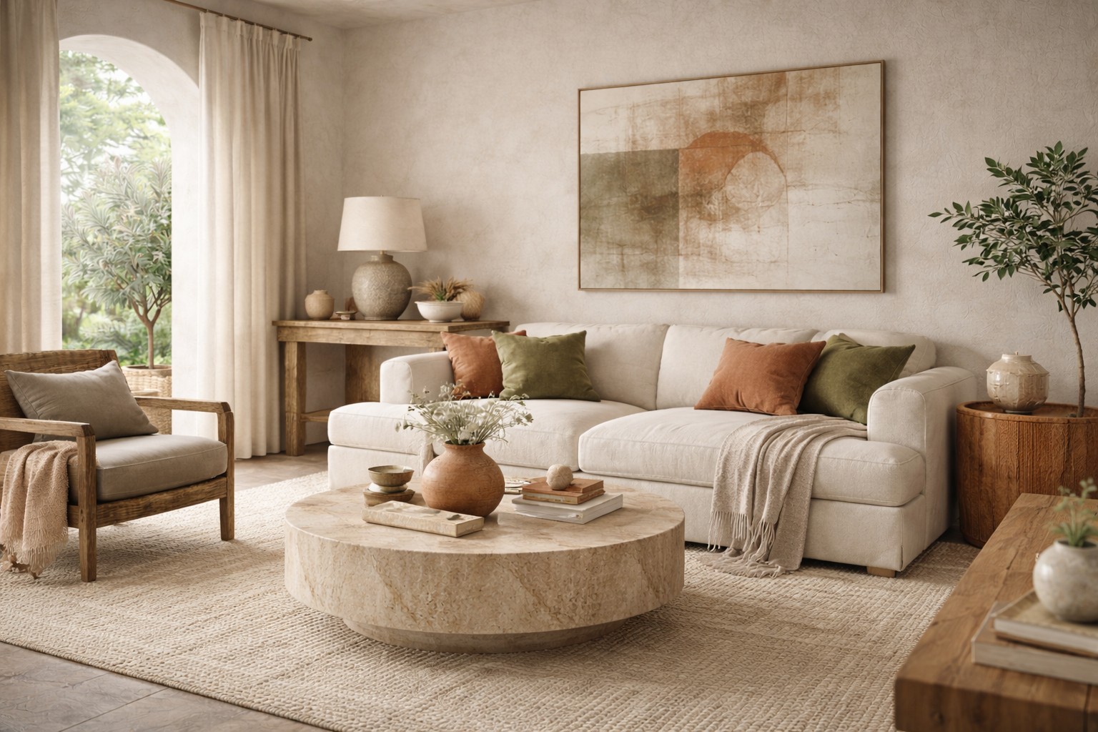 Curved boucle sofa with rounded arms and a kidney-shaped travertine coffee table in a warm, organic living room