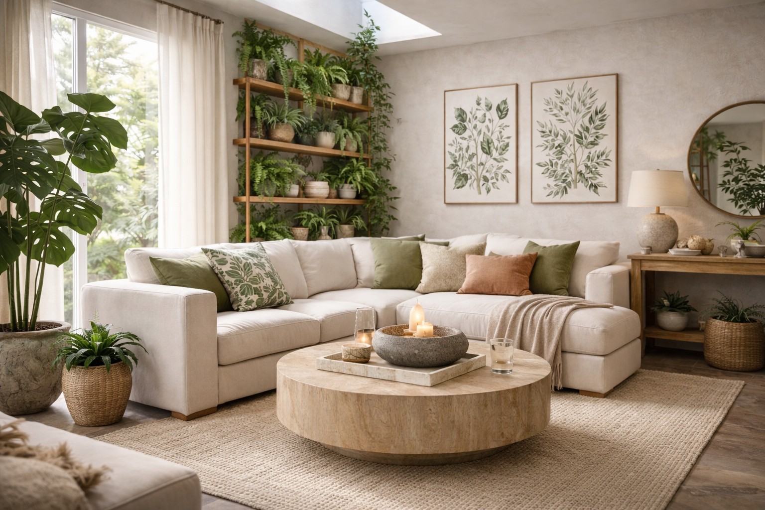 Biophilic living room with a large monstera, dried botanical stems in simple vases, and warm natural materials throughout