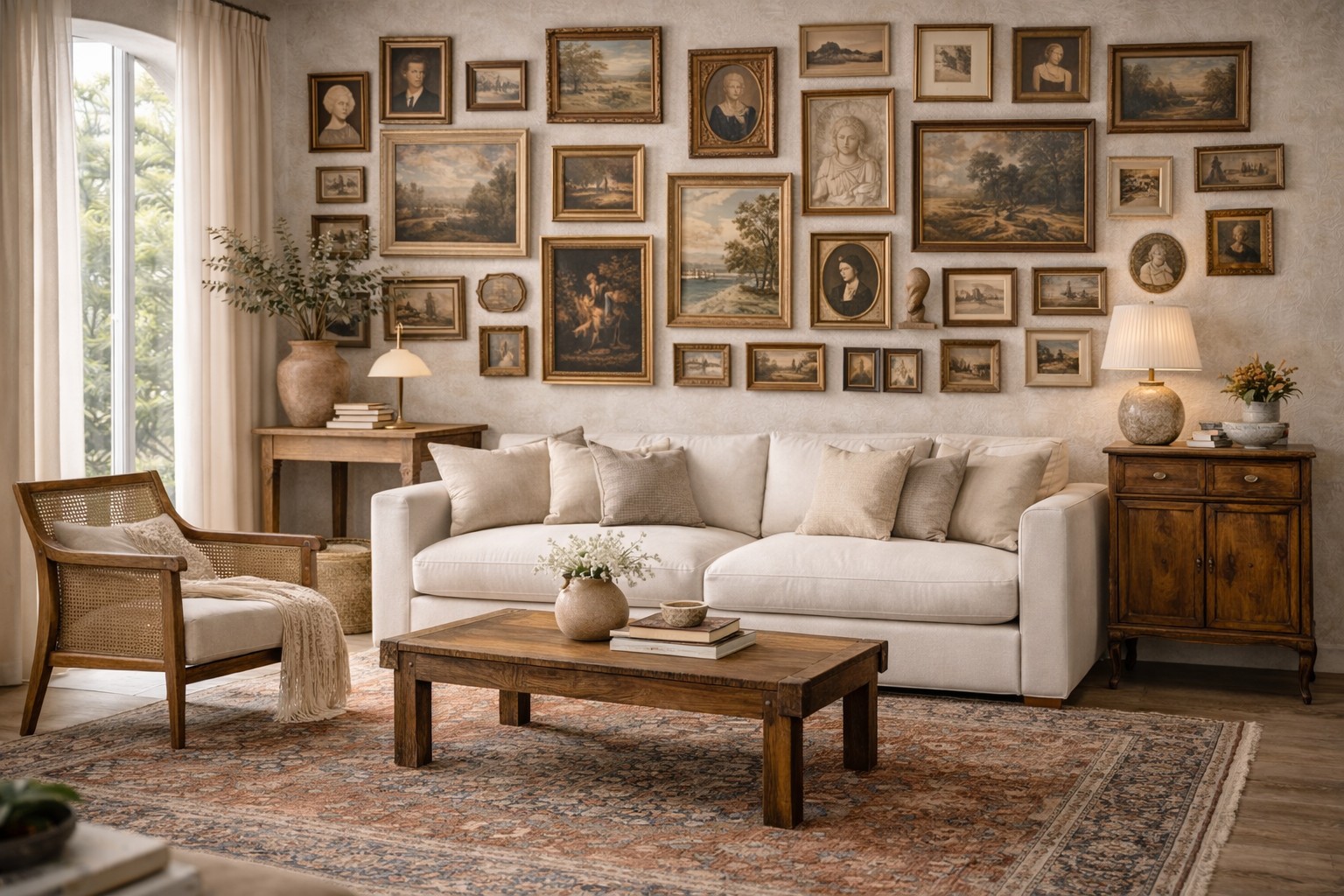 Layered, lived-in living room mixing vintage finds, woven textiles, warm wood, and personal objects for a space that feels genuinely inhabited