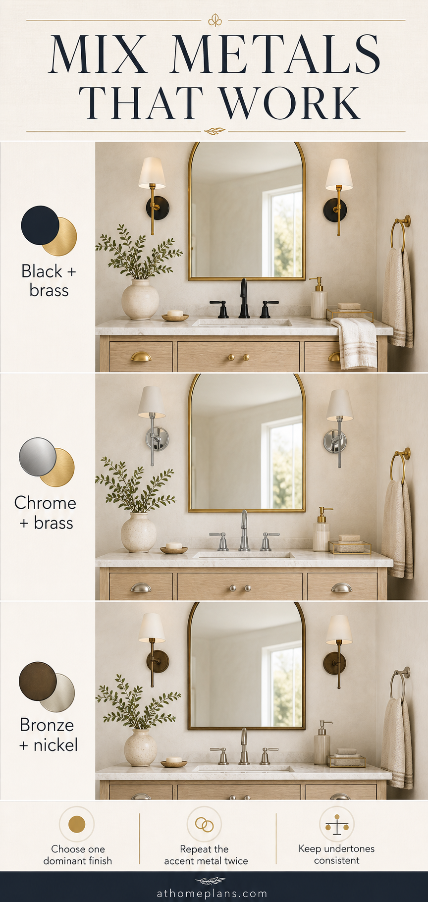 Mix metals guide infographic: black and brass, chrome and brass, bronze and nickel — three designer-approved metal pairings with rules for choosing a dominant finish and repeating the accent metal twice