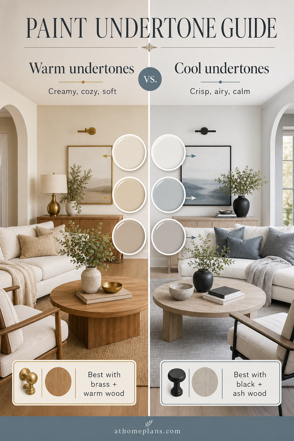 Paint undertone guide infographic: warm undertones with creamy whites, brass, and warm wood on one side versus cool undertones with crisp whites, black, and ash wood on the other — how to identify and choose the right paint undertone for your room
