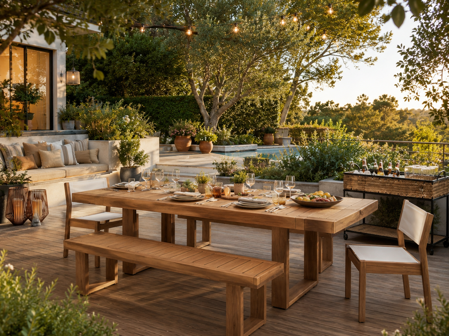 Rope woven outdoor conversation set with acacia wood
