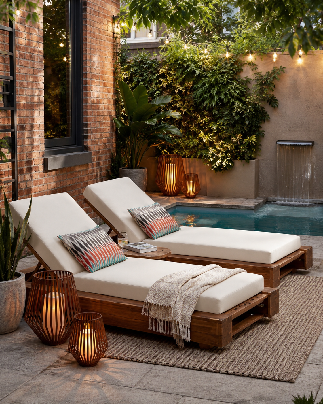 Acacia wood chaise lounge with teak finish on a sunny deck