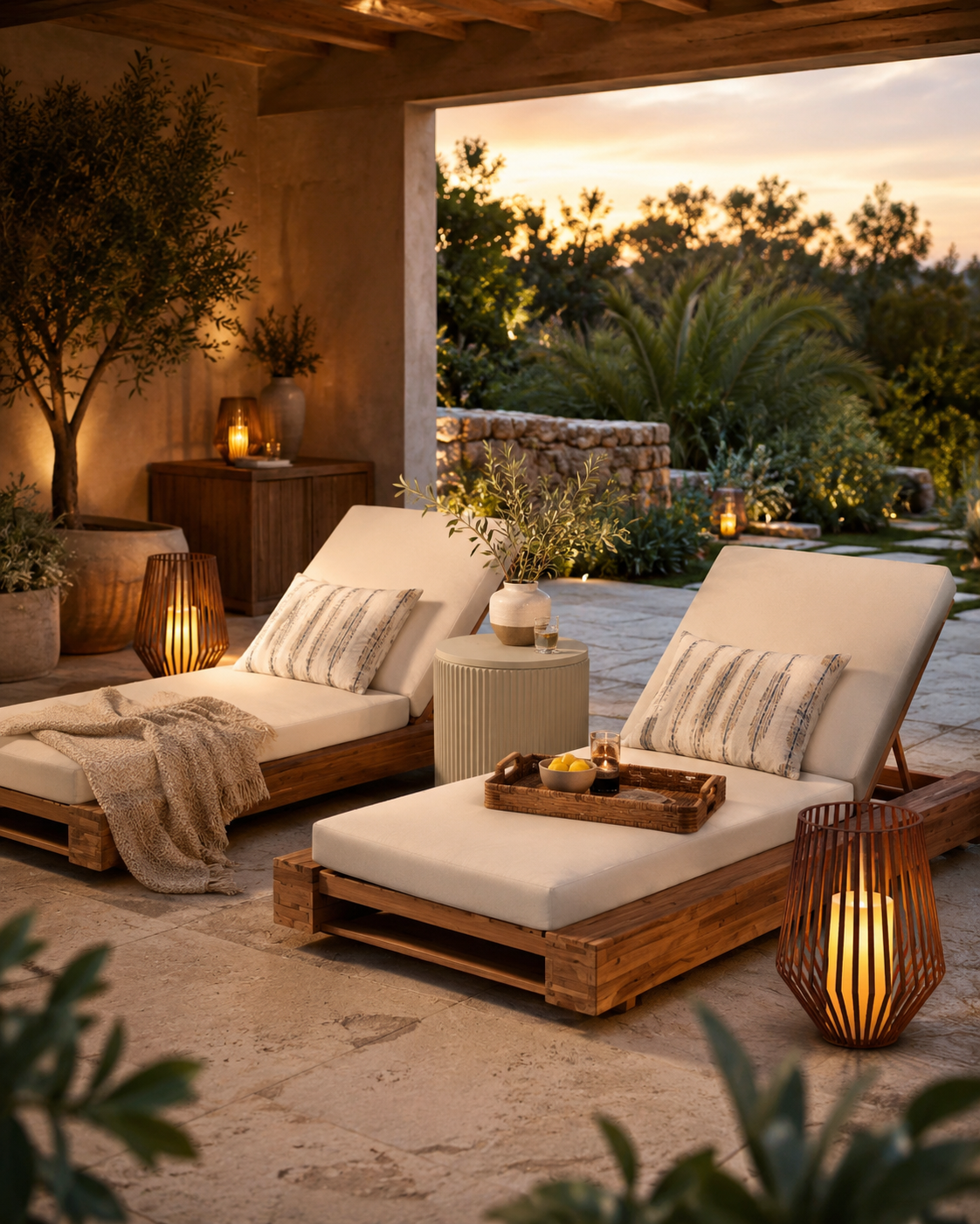 Pair of acacia wood lounge chairs with dark grey cushions