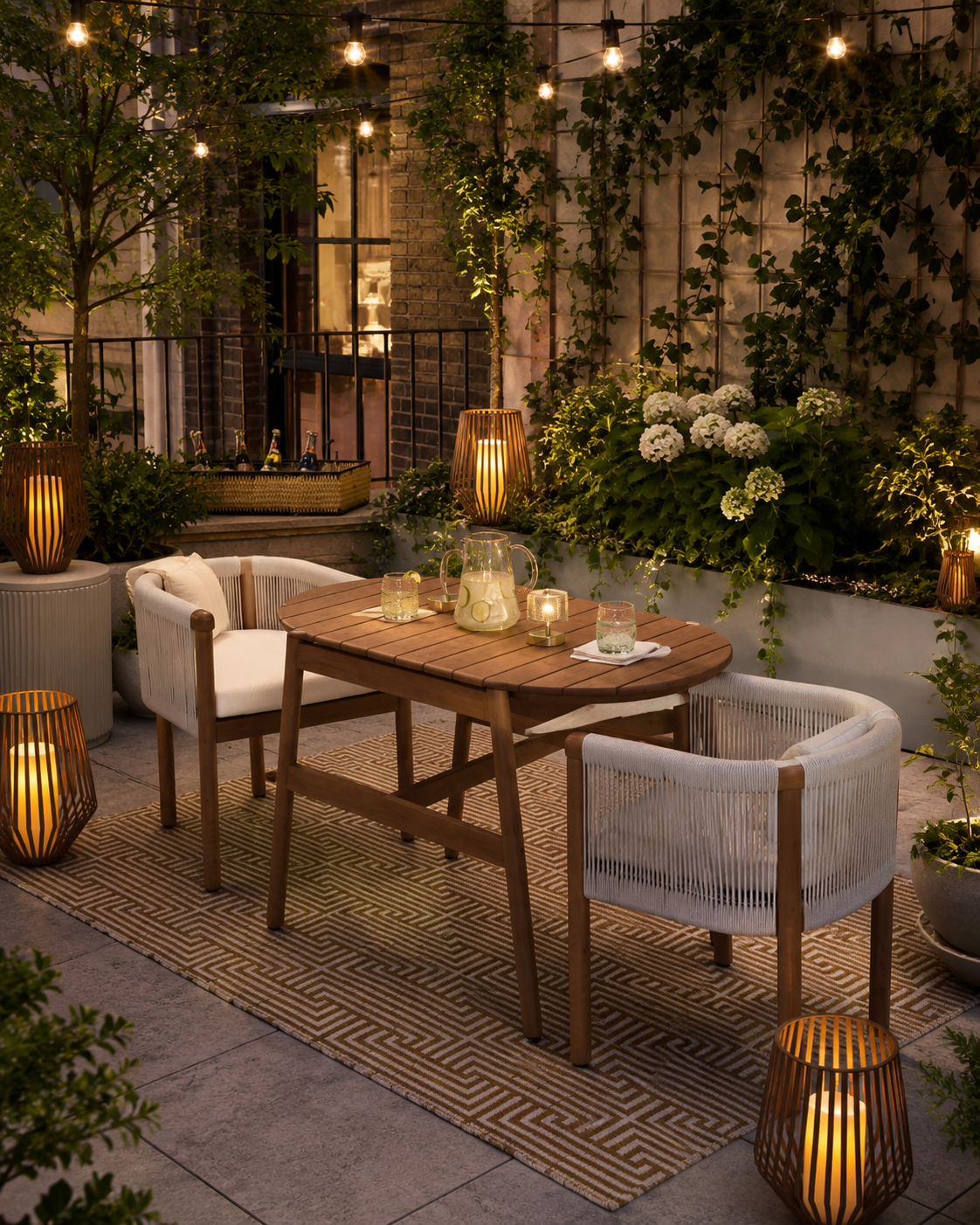 Wood and rope bistro set on a small balcony