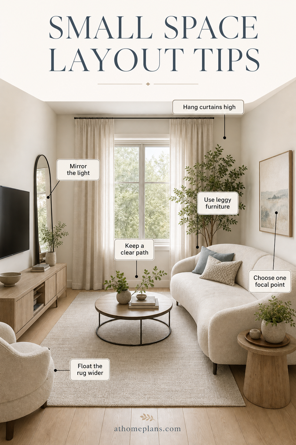 Small space layout tips infographic: use leggy furniture, hang curtains high, keep a clear path, mirror the light, float the rug wider, and choose one focal point — an annotated small living room diagram