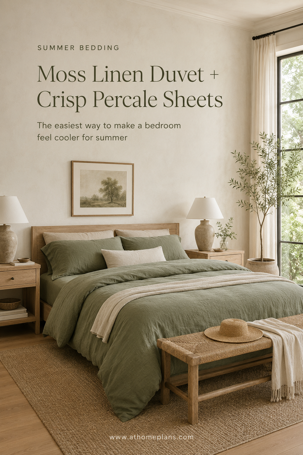 Moss Linen Duvet + Crisp Percale Sheets