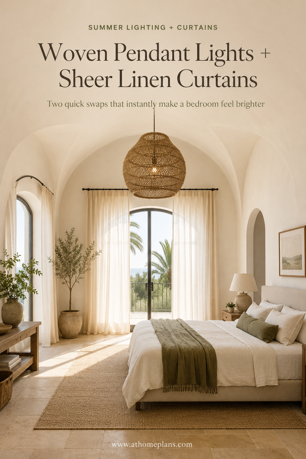 Woven Pendant Lights + Sheer Linen Curtains